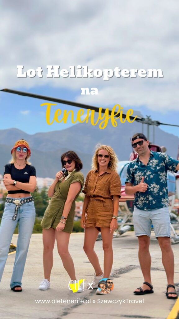 cztery osoby stojące na tle helikoptera na teneryfie